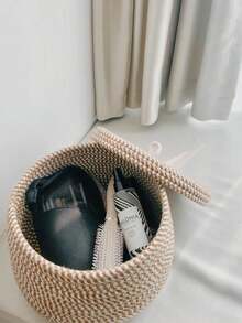 Woven Round Lidded Desktop Organizer Box, Handmade Household Storage Basket For Fruit, Cosmetics - Apricot - View 2