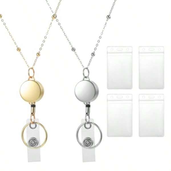 2 Pcs Necklace Badge Holder For Women Zinc Alloy Badge Lanyards With Waterproof ID Card Buckle And Holders Work Necklace Retractable Reel Clip Chain Suitable Teacher Key Bank Cards  Sier