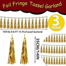 3P Metallic Fringe Tassel Banner Garland Foil Tinsel Streamer Wall Hanging Curtain Backdrop Banner For Parade Floats, Graduation Decorations, Father's Day Party Decoration(Silver)Halloween Christmas New Year - 金色 - 查看 2