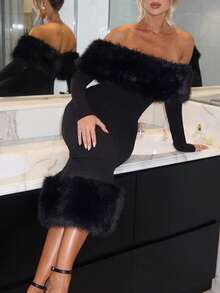 优雅蓬松露肩收腰连衣裙，适合婚礼、鸡尾酒会等场合，春季黑色 - 黑色 - 查看 1