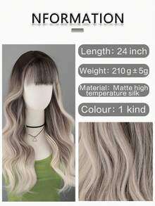 26 英寸深根渐变银灰色长波浪合成耐热假发，带刘海，浪漫美丽的女孩角色扮演假发，适合度假、家庭聚会、服装和日常穿着 - 漸層 - 查看 6