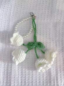 1pc Handmade Crochet Lily Of The Valley Keychain With Pearl Chain, Boho Style Bag Charm, Decorative Pendant For Backpacks Or Bags, Unique Birthday Gift Or Party Favor, 22cm (8.66 Inches) Length, Floral Design In Pastel Colors, Crochet Flowers