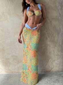 Fashion Print Sexy Swimsuit Match Skirt 3 Pieces Set