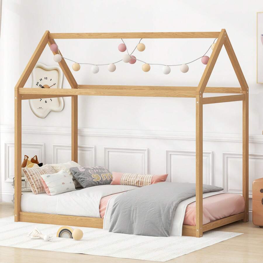 MERAX Twin Size Wooden House Bed, Wood Color - Gỗ - Xem 1