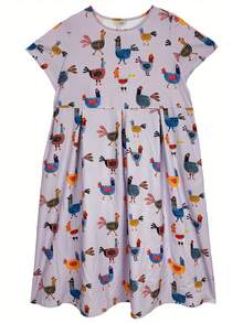 Vestido de estilo casual con diseño de bolsillo, silueta fluida y cuello redondo, con estampado divertido de pollo, talla grande - Púrpura claro - Ver 3