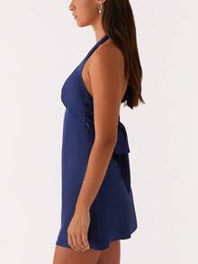 Women's Halter Neck Mini Tank Dress Sleeveless Deep V Neck Tie Back Solid Color/Floral Bodycon Short Dress Summer Backless Going Out Dresses College Graduation Party Club Y2k Dress - 藏蓝色 - 查看 6