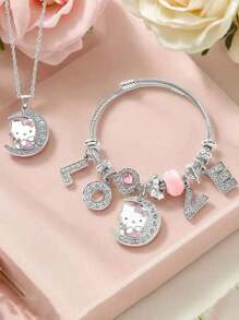 Set di 2 pezzi di gioielli di alta qualità scintillanti in argento - Collana con pendente di Hello Kitty e braccialetto "Love", regalo di San Valentino di per la fidanzata, autorizzato da Sanrio