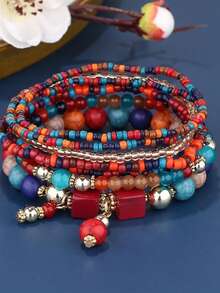 波西米亚风格多层串珠手链，弹力手链