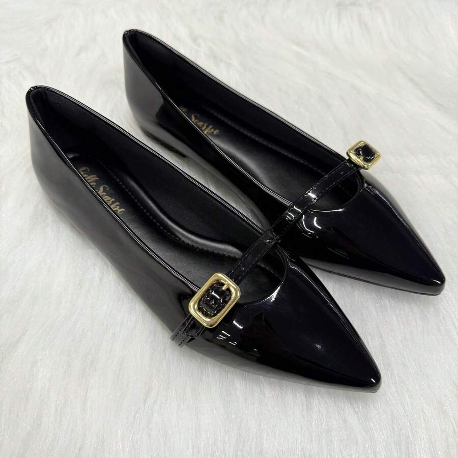 Elegant Classic Women's Casual Comfort Patent Leather Pointed Toe Buckle Flats Black Almond - 黑色 - 查看 1
