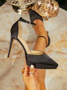 Women's Black Satin Pointed Toe Ankle - Strap Platform Heels Elegant High - Heel Dress Shoes For Evening Party Wedding Formal Events Stylish Footwear Ideal For Spring Summer Autumn Occasions - Black - View 3
