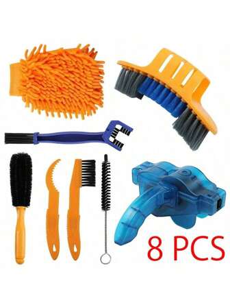 8 Pcs Precise Bicycle Cleaning Brush Tool Set (Including Bike Chain Cleaner), Suitable For Mountain, Road, City, Hybrid, BMX And Folding Bikes