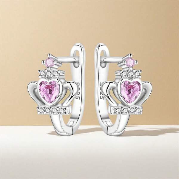1 Pair Of 925 Sterling Silver Earrings Sparkling Pink Crown Earrings Suitable For Women Daily Wear Birthday Gift Jewelry Women Gifts Valentine's Day Gift