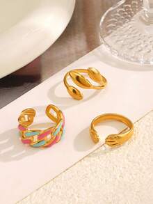 Set Cincin Terbuka Rantai Daun Minimalis Berlapis Emas 18K dari Stainless Steel (3 buah), Cocok untuk Pemakaian Sehari-hari Wanita - MultiWarna - View 4