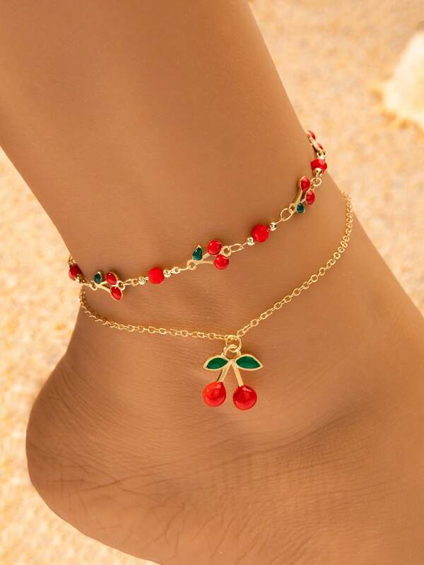 Set de 2 tobillos con cadena de cereza, joyería de moda para usar a diario, regalo para el Día de la Madre/Amiga