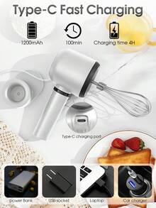 Dual-Handle Handheld Electric Mixer, USB Rechargeable Wireless Blender, Battery Capacity 1200mAh, 3-Speed Adjustable, Suitable For Coffee, Cream, Baking And Kitchen Purposes. - Multicolor - View 3