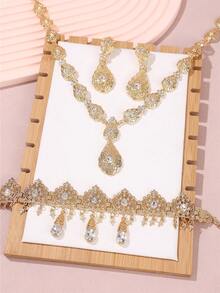 1 Set Luxury Metal Palace Style Water Drop Rhinestone Pendant Necklace Matching Earrings & Hollow Chain, 3pcs Arabic/France Romantic Gift Jewelry Set For Women - Necklace - View 1