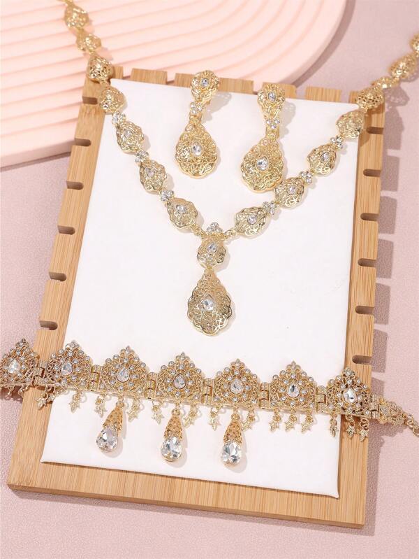 1 Set Luxus-Halskette mit Kristall-Wassertropfen-Anhänger im Palaststil mit Kette und Ohrringen, 3-teiliges Schmuckset, romantisches Damen-Accessoire im Nahen Osten, Arabisch, Saudi-Arabien, Französisch, Cut Out