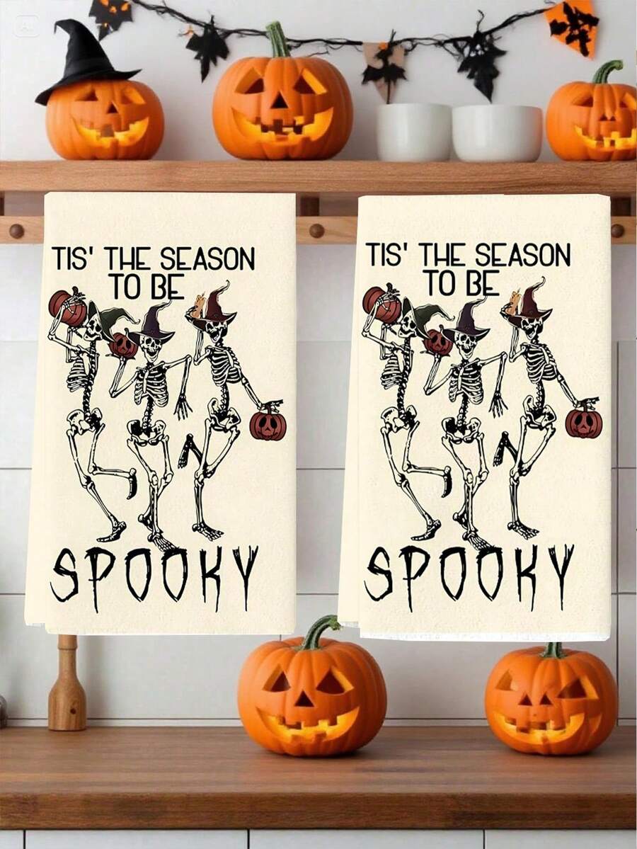 2 件万圣节手巾，带有邪恶南瓜和骷髅设计的手提袋，厨房和餐厅装饰，户外派对用品，适用于万圣节厨房和浴室装饰浴室厨房装饰洗碗布厨房毛巾 - 彩色 - 查看 1