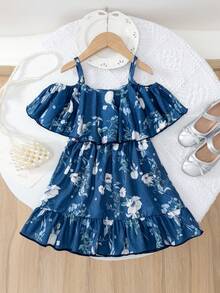 女童花卉印花吊带连衣裙，时尚休闲日常装，夏季 - 藍色 - 查看 3