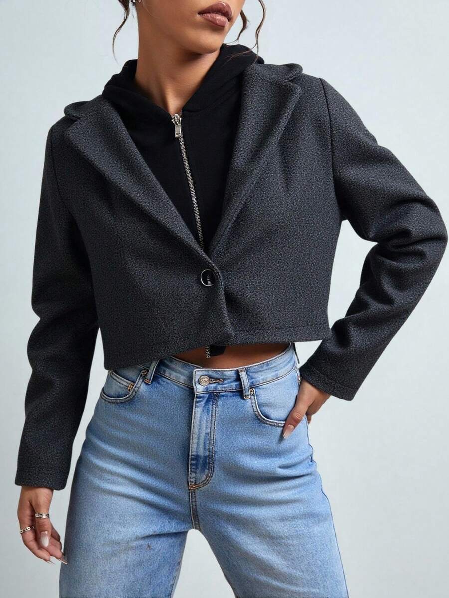 Chamarra saco hoodie afelpada gorro integrado corta dama mujer tejido suave  manga larga diseño casual cierre frontal estilo moderno cómodo ideal para frío otoño invierno prendas cálidas de moda día noche fiesta evento salida vacaciones - Gris Oscuro - Ver 1