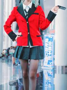 一件白色衬衫、一件红色外套、一条格子百褶裙，学生妹套装，秋季款；适合吸血鬼动漫角色扮演、俱乐部、酒吧、派对、校园角色扮演等场合。