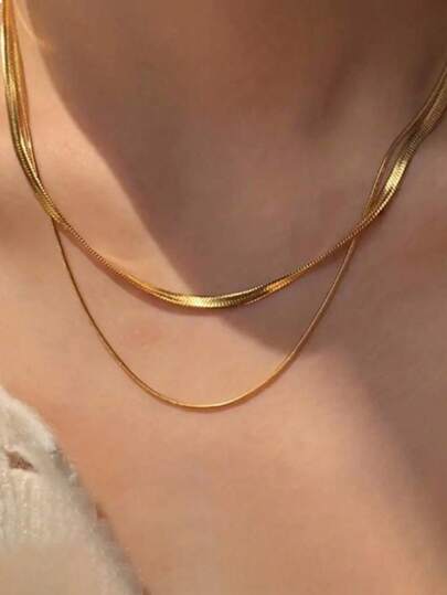 1pc Minimalist 18k Gold Plated Punk Style Double-Layer Snake Chain Necklace Herringbone Necklaces Cool Streetwear For Men Gifts