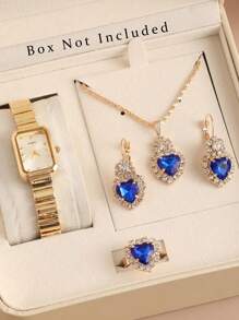 Conjunto de 5 peças de relógio quadrado feminino com joias azuis e cristal branco - Relógio de quartzo casual da moda com colar, anel e brincos (sem caixa), relógios femininos