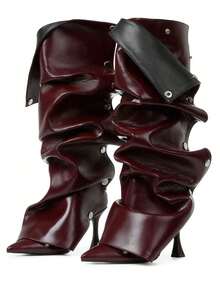 Sexy Design Stiletto High Heel Women Ruched Slouchy Boots Knee High Pointed Toe Mid Calf Luxury Fashion Detachable Shoes - Màu Đỏ Sâu - Xem 1