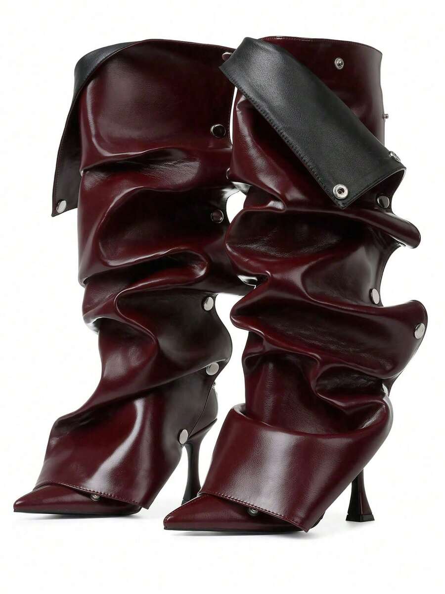 Sexy Design Stiletto High Heel Women Ruched Slouchy Boots Knee High Pointed Toe Mid Calf Luxury Fashion Detachable Shoes - Màu Đỏ Sâu - Xem 1
