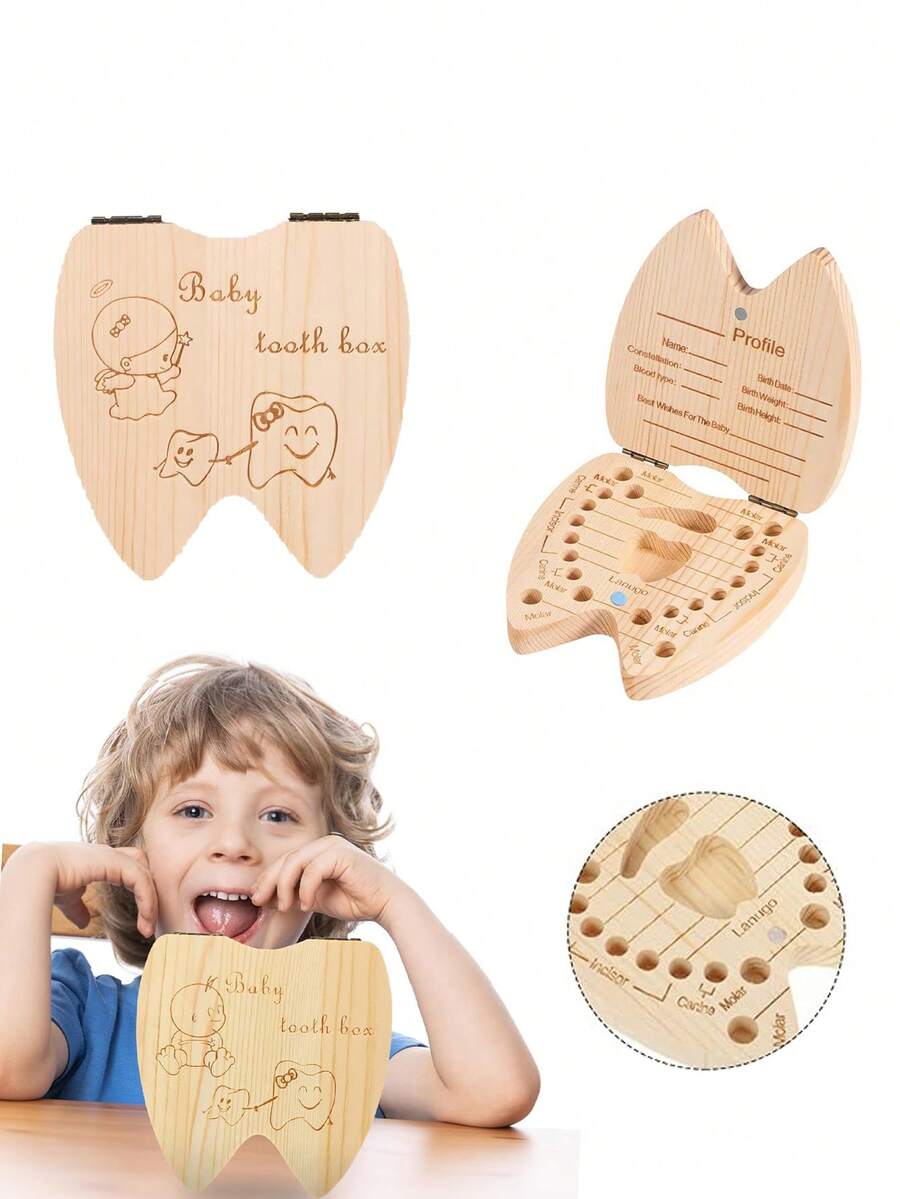2 piezas/1 pieza- Caja para guardar dientes de bebé, caja de almacenamiento de dientes de madera para niños que han perdido dientes, recuerdo para niños - almacena 20 dientes de leche perdidos, cabello fetal y registra información del bebé, regalo para recién nacidos, cumpleaños y baby shower - Caqui - Ver 1