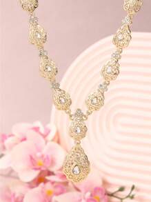 1 Set Luxury Metal Palace Style Water Drop Rhinestone Pendant Necklace Matching Earrings & Hollow Chain, 3pcs Arabic/France Romantic Gift Jewelry Set For Women - Necklace - View 14