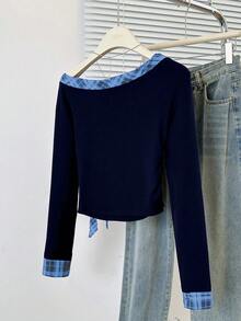 Áo thun dài tay thắt nơ trễ vai cho nữ - Màu xanh hải quân - Xem 7