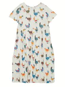 Plus Size Fun Cartoon Chicken Pattern Dress - Flowing Silhouette & Round Neckline With Pocket Design, Casual Style - 白色 - 查看 3