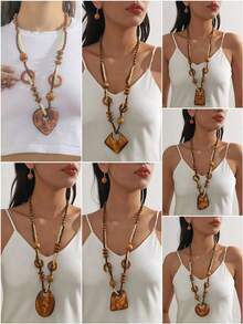 2件套波西米亚风格复古木质长链项链，欧美时尚 - 棕色 - 查看 1