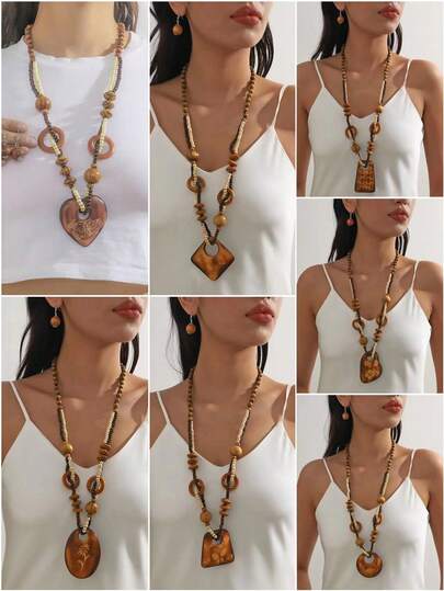 2件套波西米亚风格复古木质长链项链，欧美时尚
