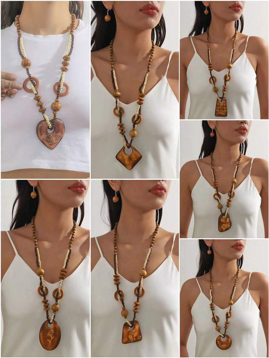 2件套波西米亚风格复古木质长链项链，欧美时尚 - 棕色 - 查看 1