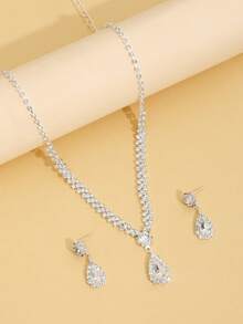 Juego de joyas con colgante de gota de agua con diamantes de imitación, adecuado para novia de boda, fiesta formal y ropa de noche - Plateado - Ver 8