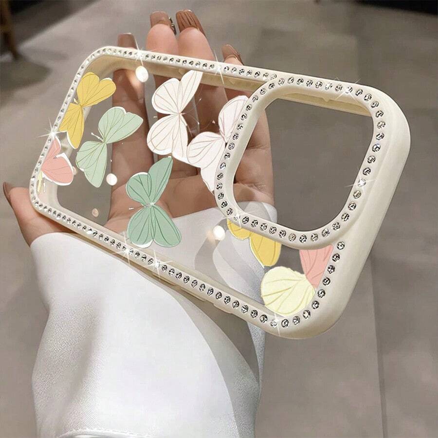 Funda para teléfono 1 unidad, diseño de mariposas pastel, estampado artístico, con purpurina, doble cara | Funda brillante 11/12/13/14/15/16 con pegatinas de joyas |/ Regalos de cumpleaños - Blanco - Ver 1