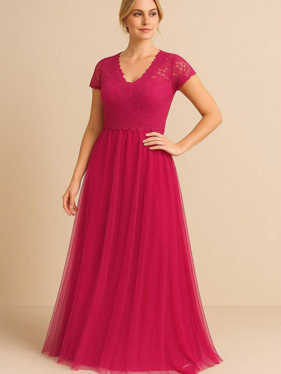 Bridesmaid Dress For Evangelical Congresses, Short Sleeves, Discreet Pattern - 玫瑰紅 - 查看 1