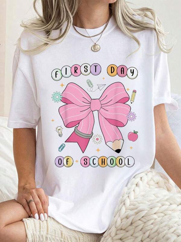 First Day Of School Teachers Pencil Bow Back To School Kids T-Shirt Cotton Graphic Tee For Women, Round Neck Short Sleeve Casual Tops