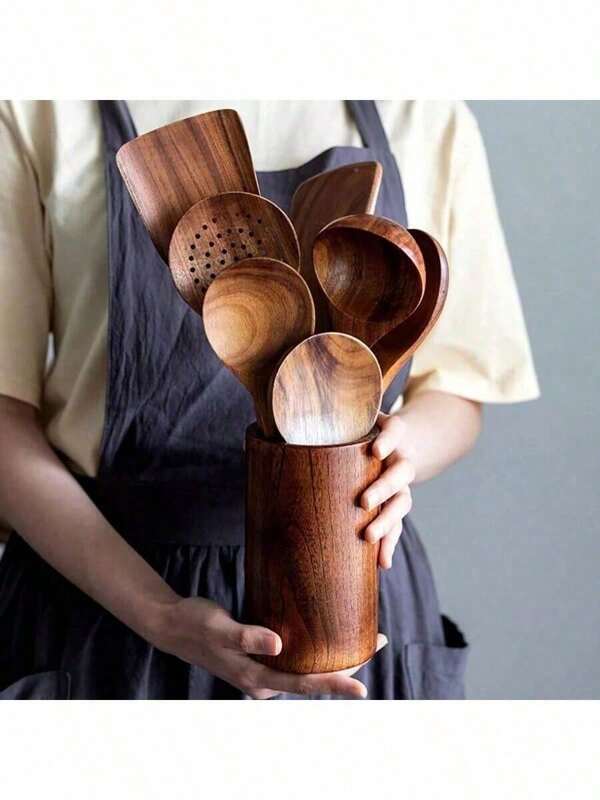 7pcs Wooden Kitchen Utensil Set - Includes Spoon, Spatula, Steel Pot Holder - Cooking Tools, Suitable For Family Gatherings And Parties, Made Of Teak Wood, Upscale Living, Good Quality