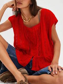 Women Button Down Ruffle Boho Tops Flowy Sheer Short Sleeve Square Neck Lace Blouse Y2k Going Out Blouse Loose Summer Vacation Vest - 紅色 - 查看 2