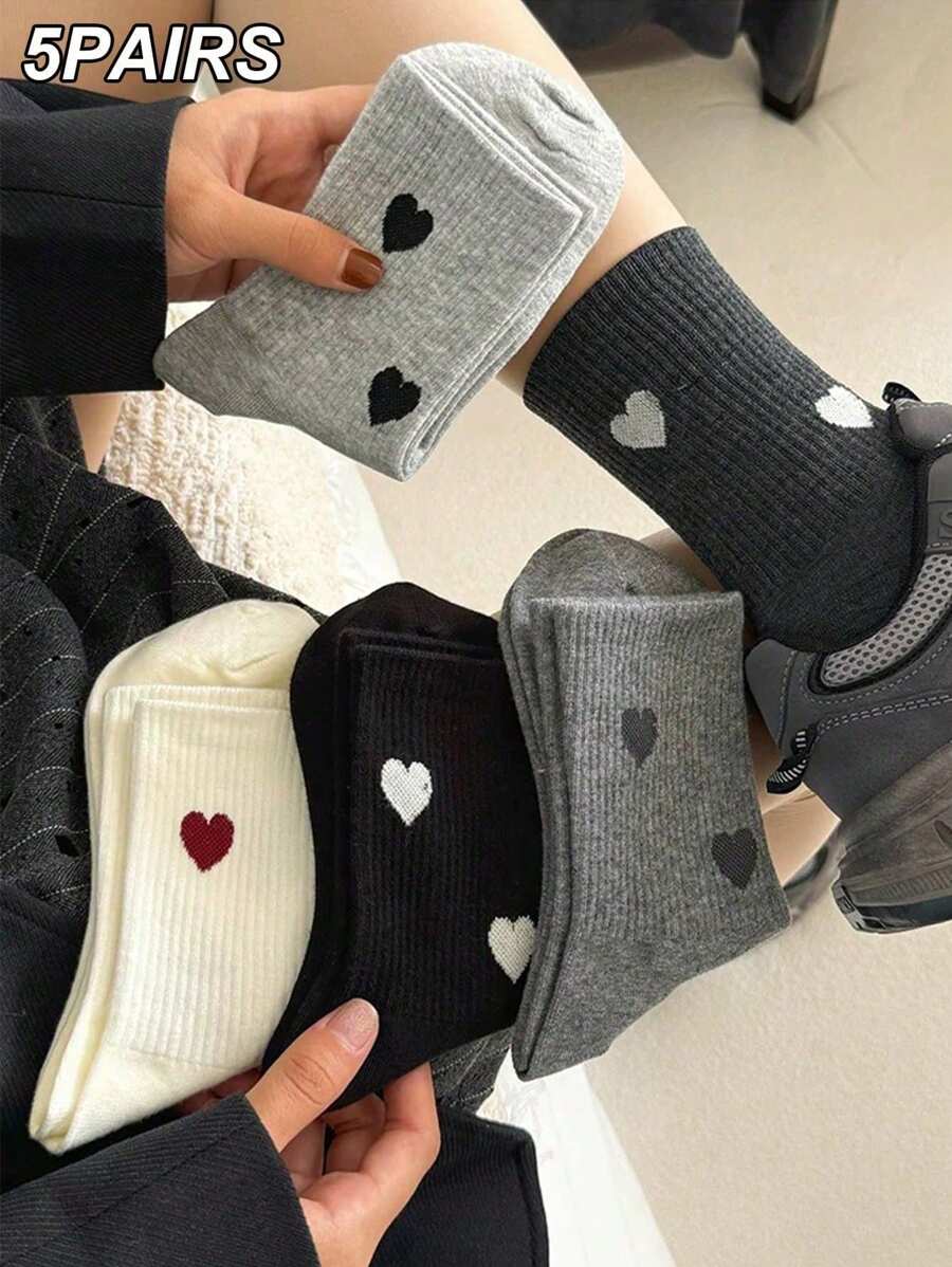 5 Pairs Women Mid-Calf Socks With Gray Heart Print, Versatile & Casual