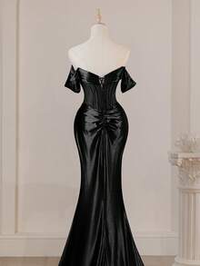 Chic Charming Off Shoulder Corset Sexy Split Thigh Prom Mermaid Evening Dress For Women, Elegant Wedding Black Spring Party - Black - View 8