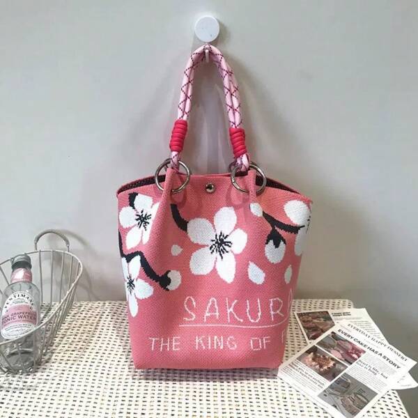 NYXIA 1 szt. Elegancka dzianinowa damska torebka Hollow Out Flower mała torba typu tote prosta wszechstronna torebka w koszyku swobodna roślina kwiatowy wzór projekt swobodna mała torebka z górnym uchwytem, odpowiednia do codziennego użytku, dojazdów do pracy, podróży, rzeczy dla nauczycieli, niezbędnych rzeczy na wakacje