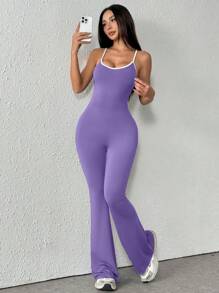 1 件套无袖纯色薄吊带背心撞色紧身连体衣阔腿喇叭裤休闲性感露背连体衣