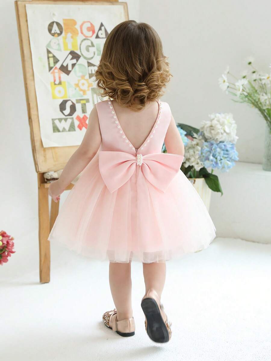 Baby Girls' Handmade Beaded 3D Bow Christmas Party Elegant Tulle Princess Dress, Suitable For Girls' 1st Birthday Gift, Party, Banquet, Holiday Celebration - Baby Pink - View 1