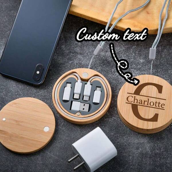 Personalized Custom Electronic Accessory Cable Organizer, Stylish Bamboo Tech Storage Box, Perfect Anniversary Gift For Men, Multi-Functional Data Cable Organizer