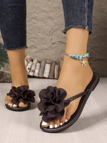 Women's Woven Strap Flower Decor Flip Flop Sandals, Fashionable Resort Style, Suitable For Outdoor, Beach And Vacation