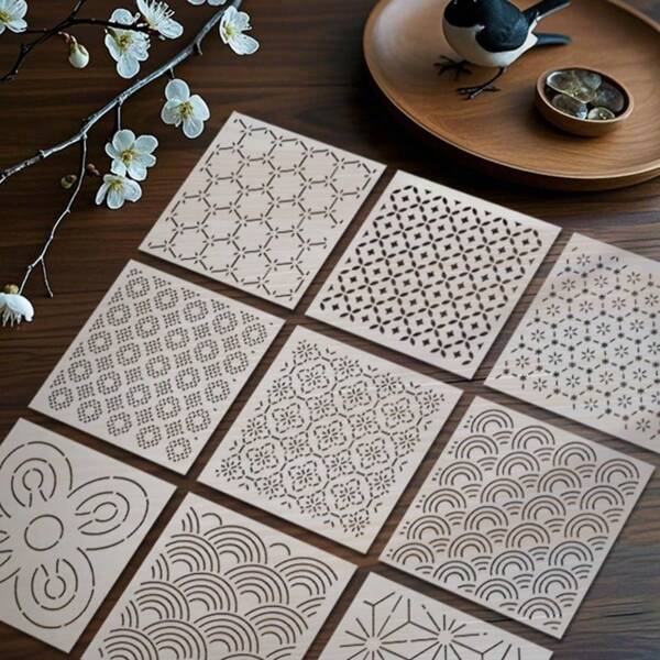 9pcs Sashiko Embroidery Stencil Template DIY Embroidery Pattern Patchwork Template, Reusable PET Stencils For Coasters, Fabrics, Home Decor Hand Embroidery DIY & Painting